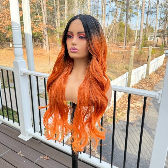 Orange Lace Front Wig Long Synthetic Dark Heat Wigs Orange Dark Root Wavy - Picture 1 of 7